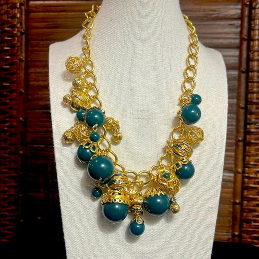 Talbots NWT Green Charm Statement Necklace with Dangles of Hedgehogs and an Owl